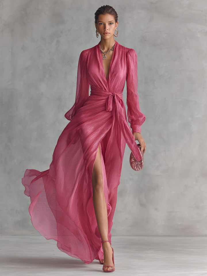 Mia | Pink Chiffon Maxi Dress V-Neck