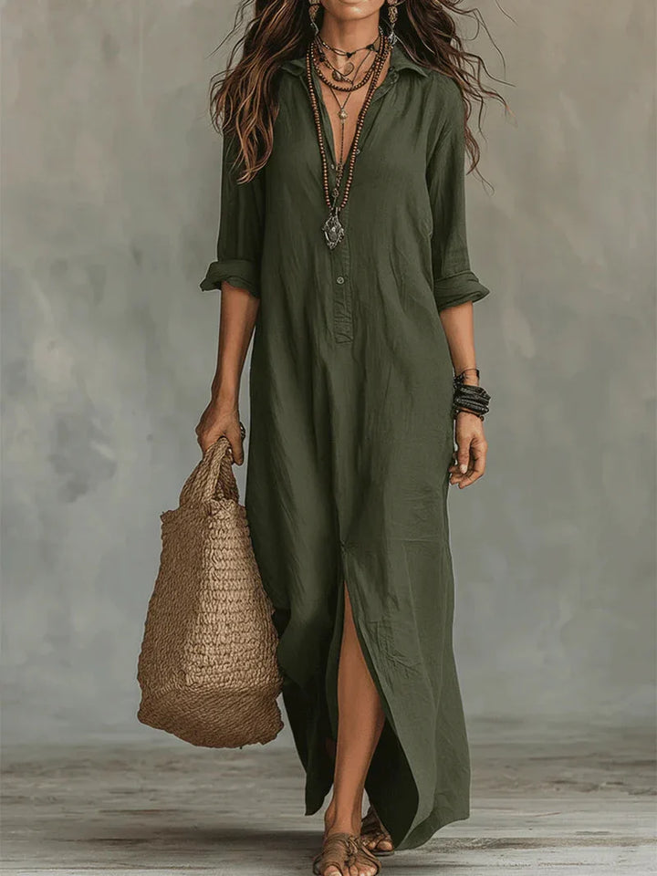 Selena™ | Black Flowy Maxi Dress with Buttons