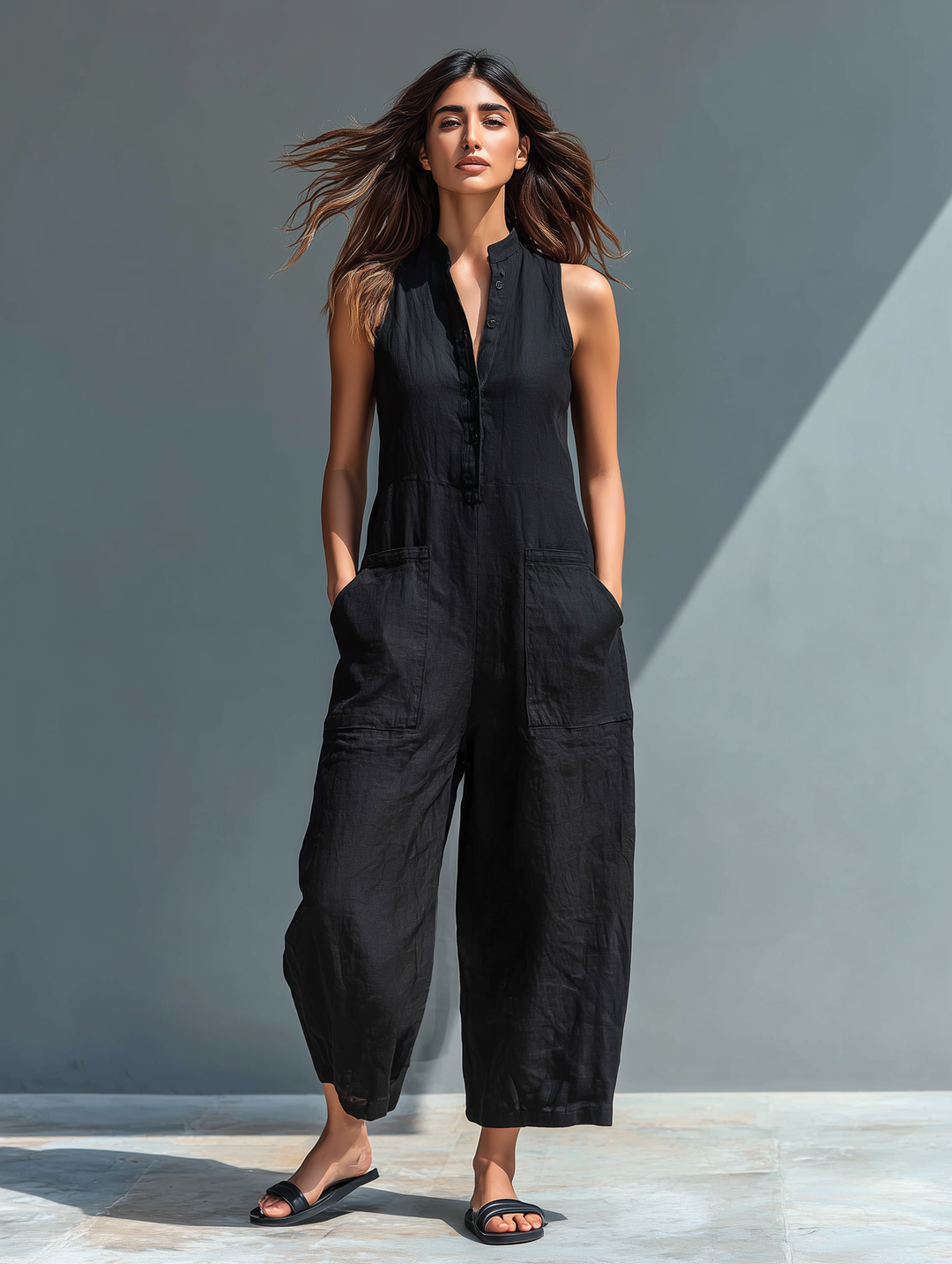 Julia | Sleeveless Linen Overall with Button Placket