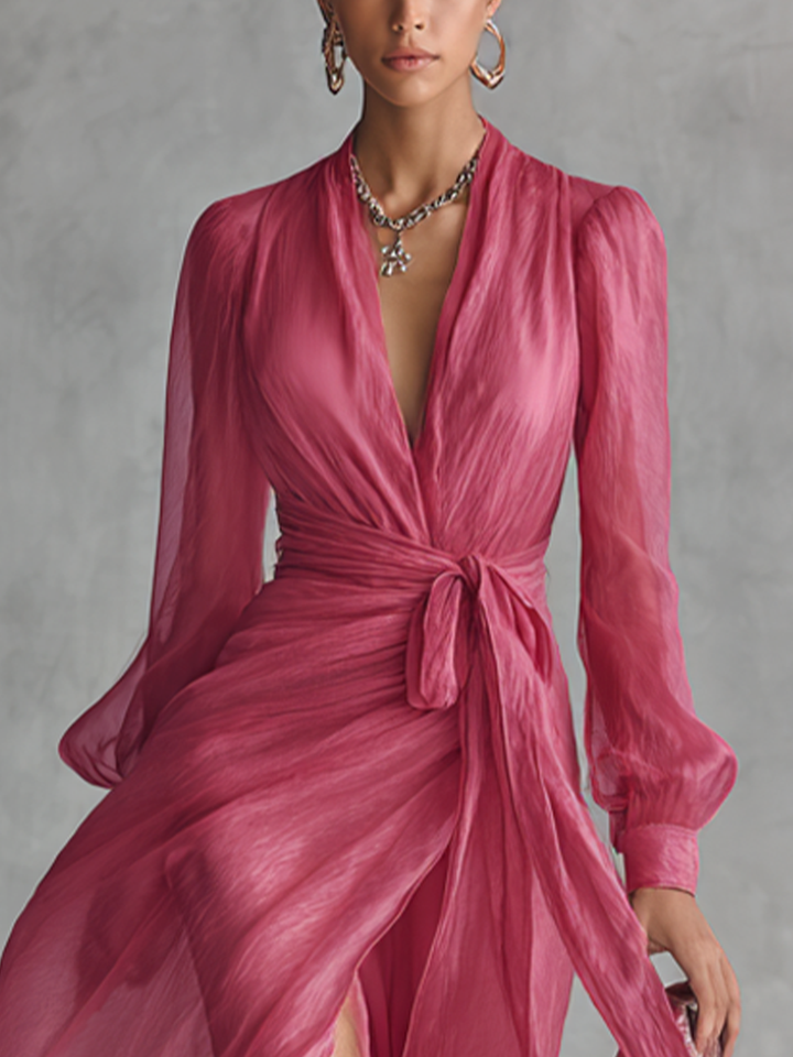 Mia | Pink Chiffon Maxi Dress V-Neck