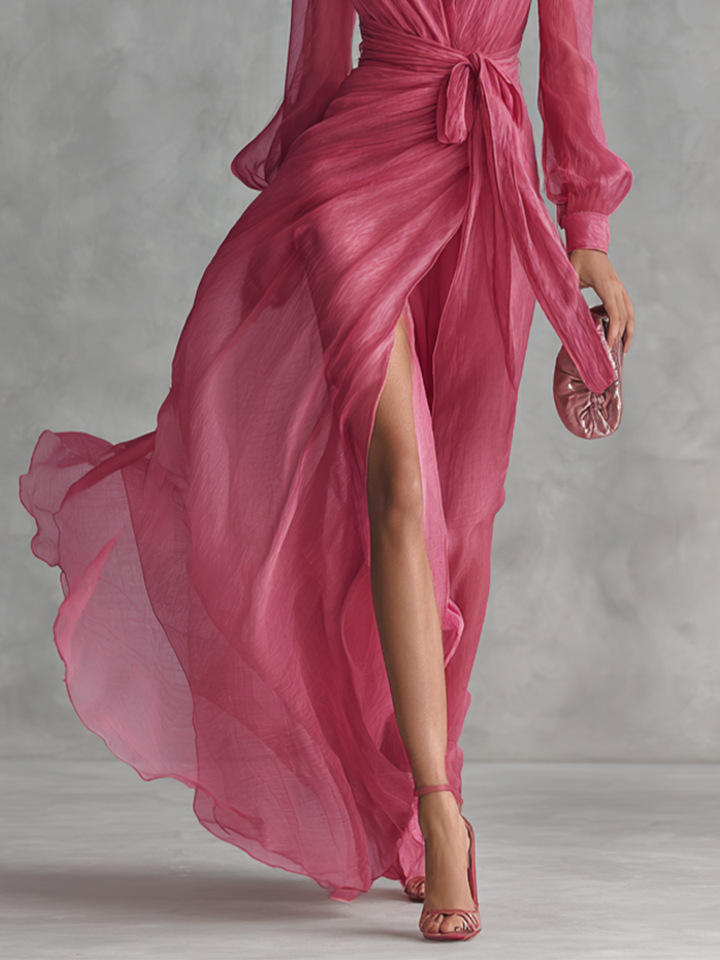 Mia | Pink Chiffon Maxi Dress V-Neck