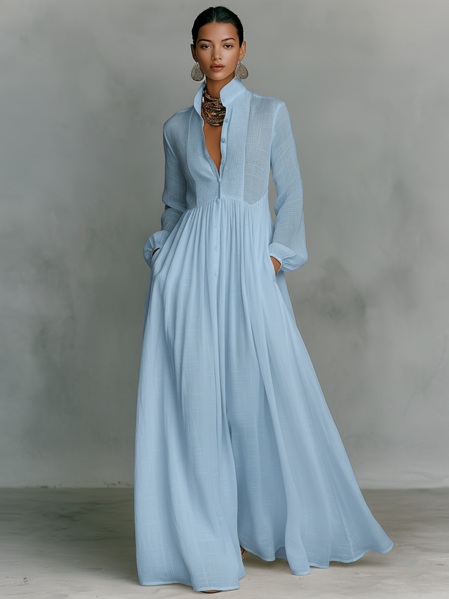 Zoey | Patchwork Cotton Linen Maxi Dress with Stand Collar