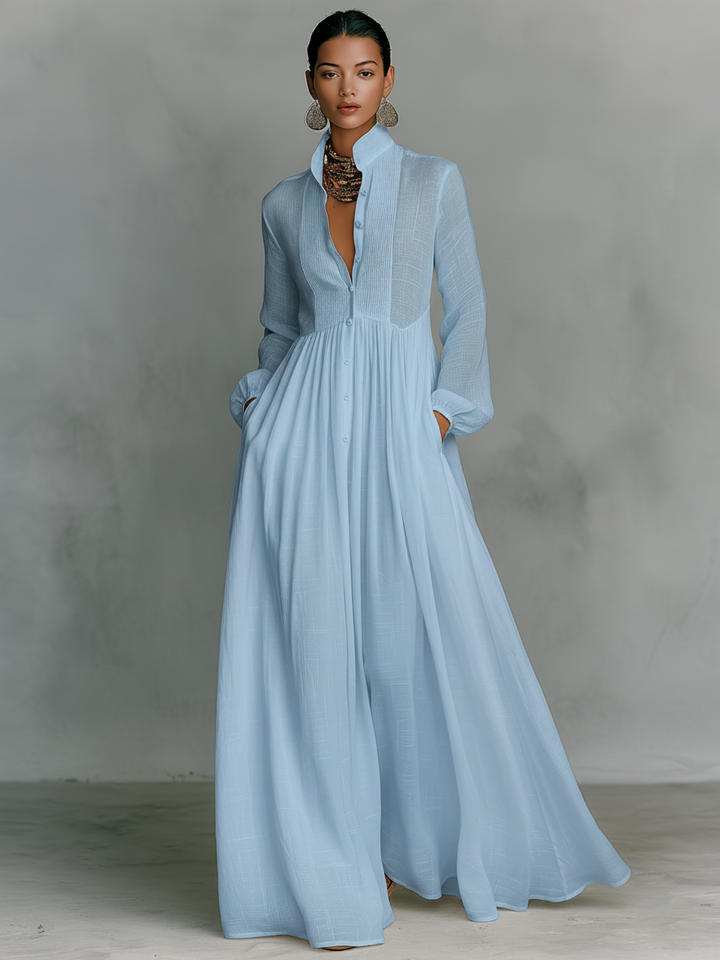 Zoey | Patchwork Cotton Linen Maxi Dress with Stand Collar