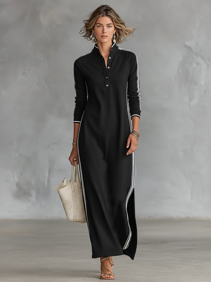 Laura | Sweat Maxi Dress Button Collar White Hem