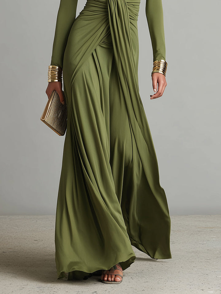 Sofia | Olive Silk Maxi Dress Deep V-Neck