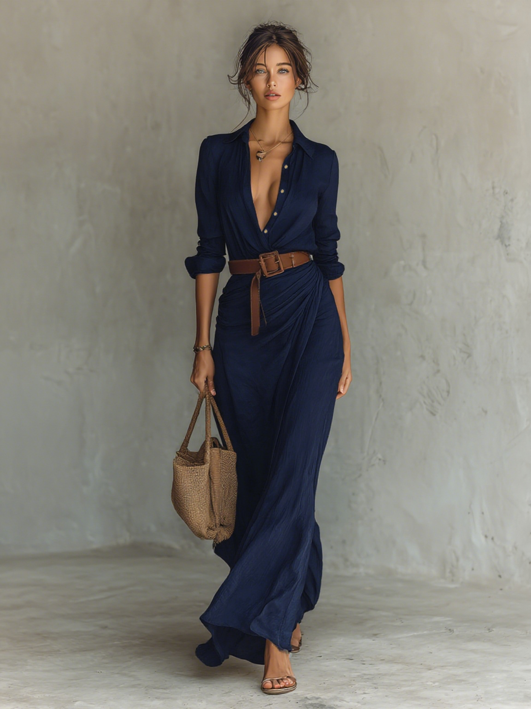 Marie | Maxi Dress with Notched Collar and Long Sleeves