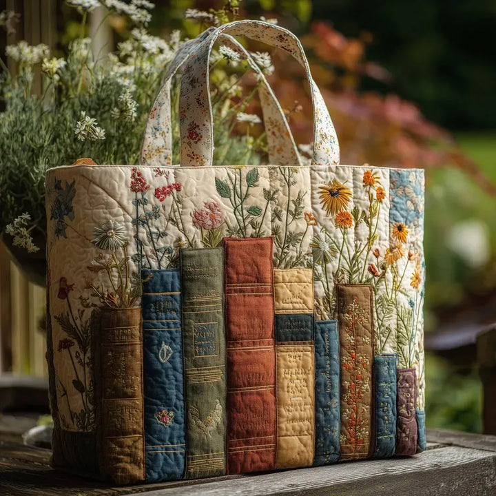 Quilted Tote - Books and Flowers