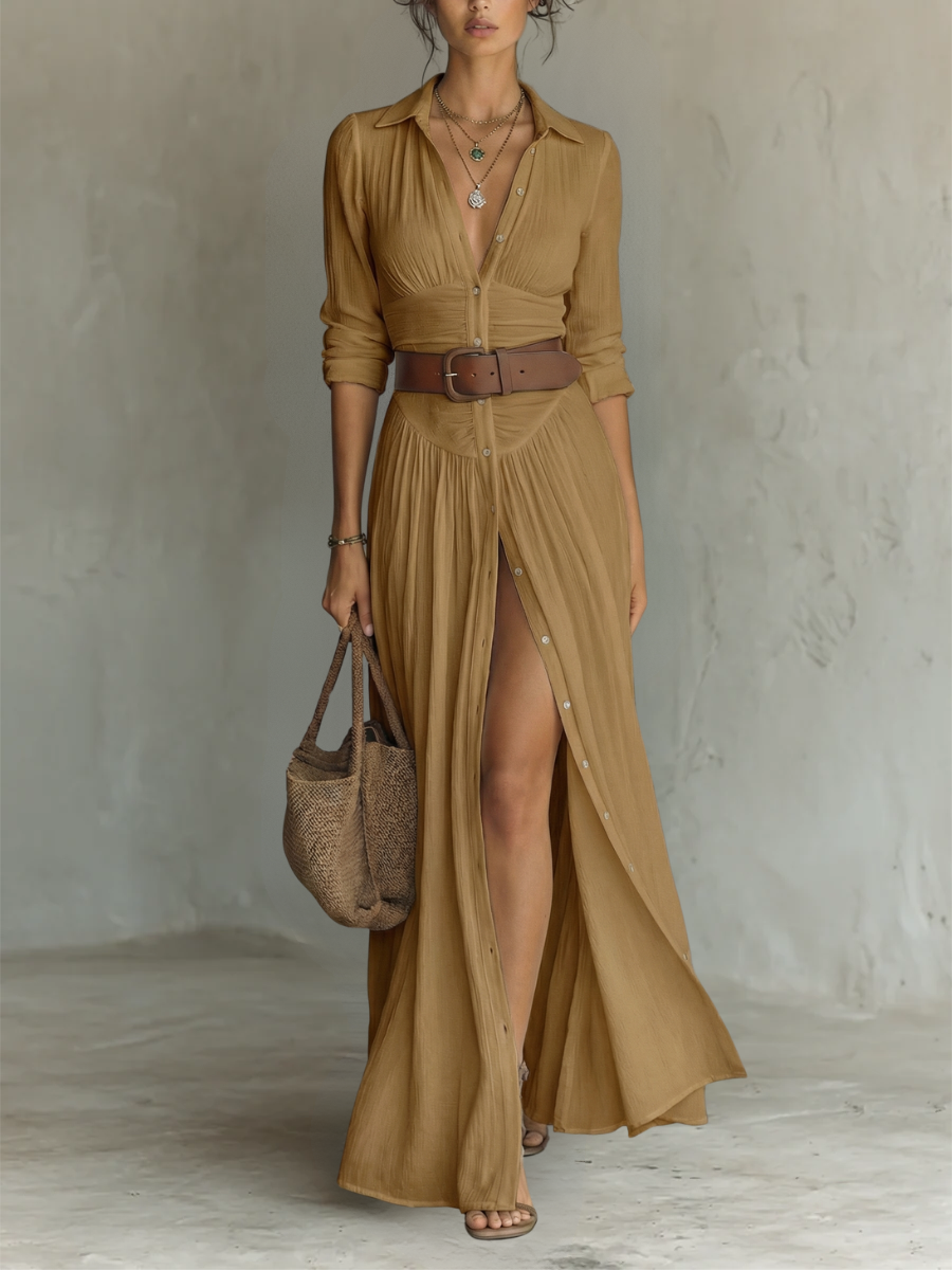 Paula | Linen Maxi Dress with Notched Collar and Long Sleeves