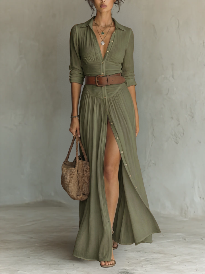 Paula | Linen Maxi Dress with Notched Collar and Long Sleeves