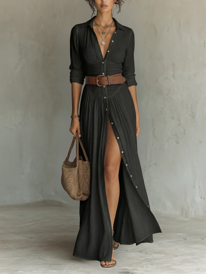 Paula | Linen Maxi Dress with Notched Collar and Long Sleeves