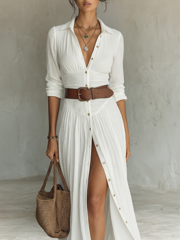 Paula | Linen Maxi Dress with Notched Collar and Long Sleeves