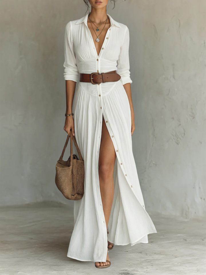 Anna | White Linen Pleated Maxi Dress