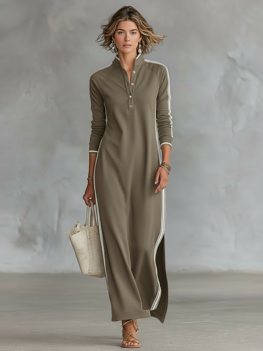Laura | Sweat Maxi Dress Button Collar White Hem