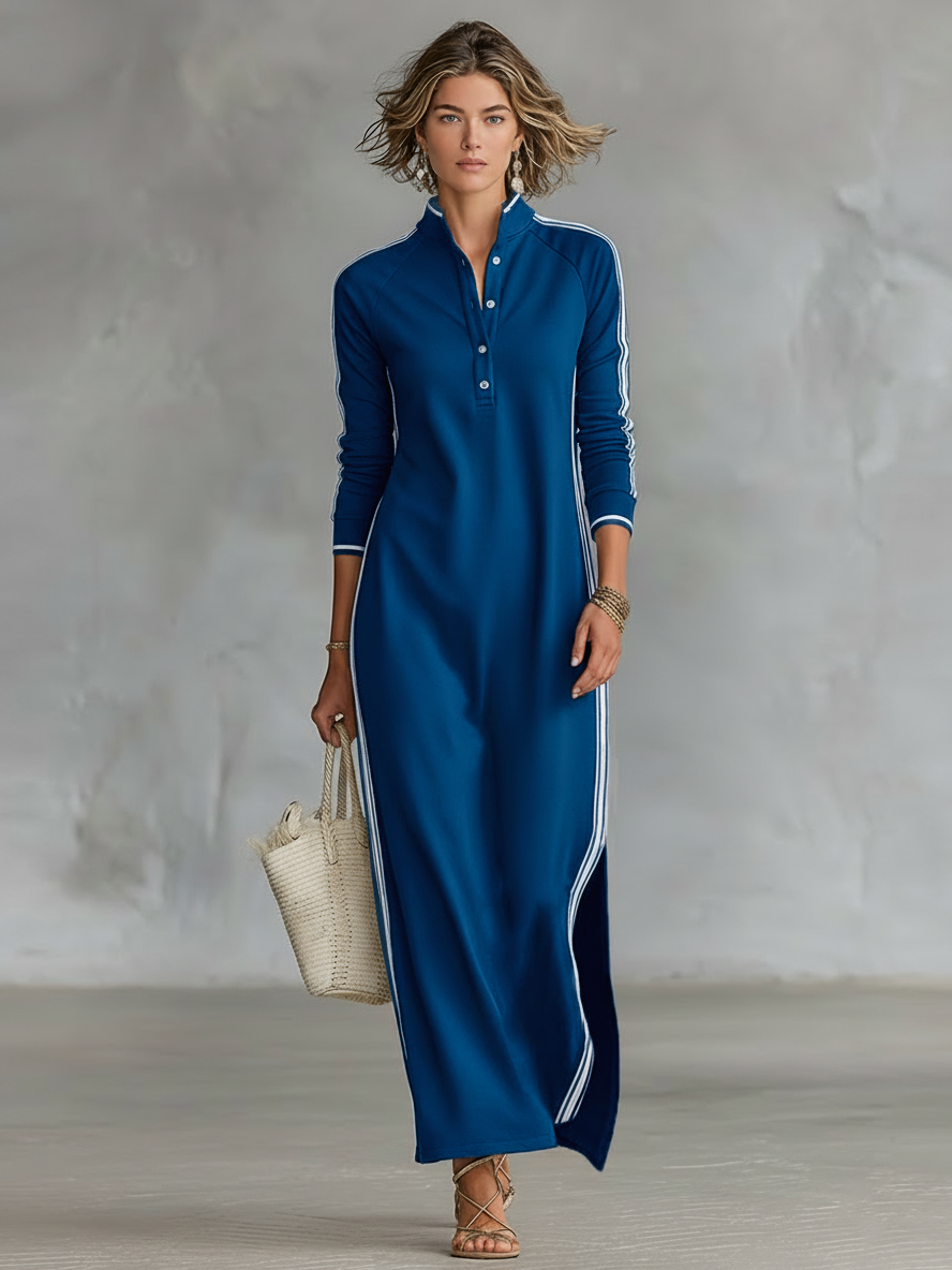 Laura | Sweat Maxi Dress Button Collar White Hem