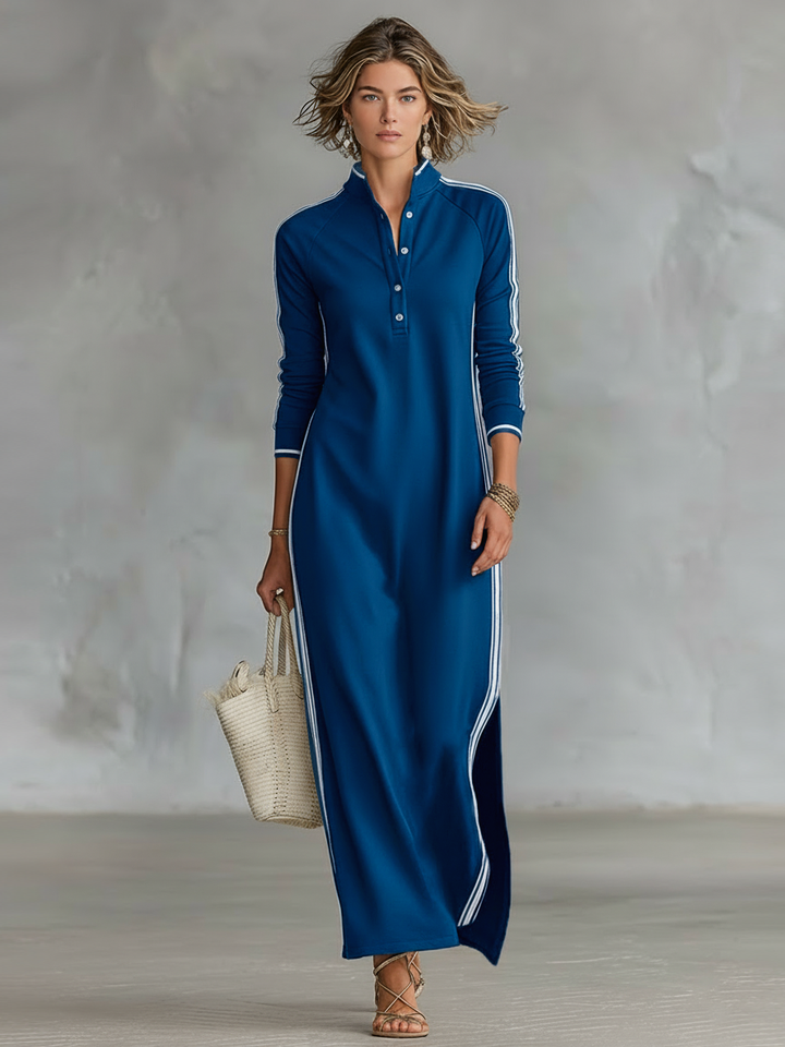 Laura | Sweat Maxi Dress Button Collar White Hem