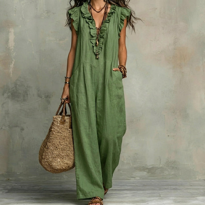 Josefina™ | Long linen-textured dress with a V-neck and ruffles