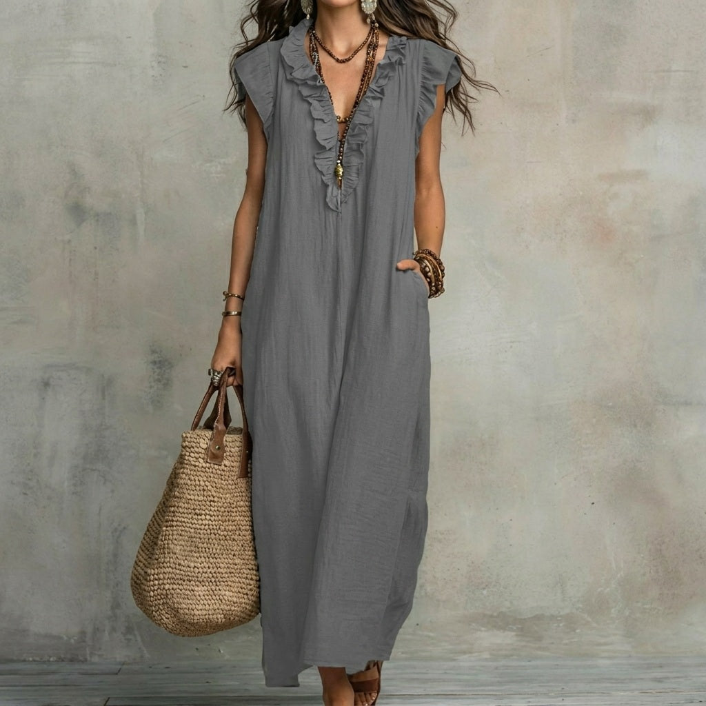 Josefina™ | Long linen-textured dress with a V-neck and ruffles