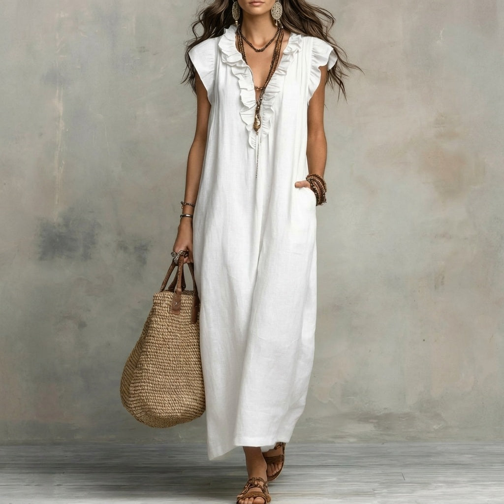 Josefina™ | Long linen-textured dress with a V-neck and ruffles