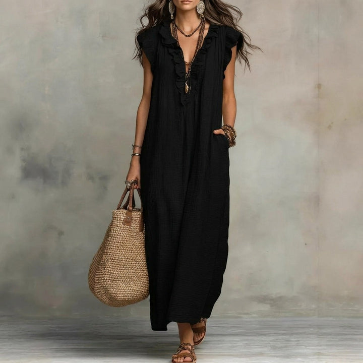 Josefina™ | Long linen-textured dress with a V-neck and ruffles