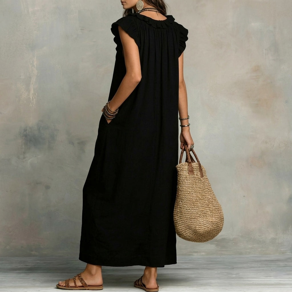 Josefina™ | Long linen-textured dress with a V-neck and ruffles