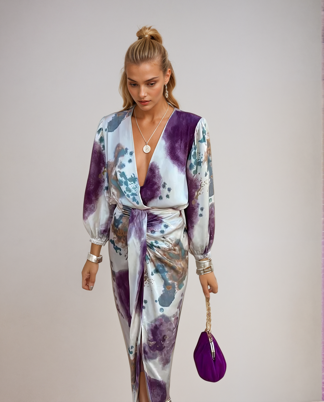 Davina - Elegant V-Neck Long Sleeve Split Maxi Dress