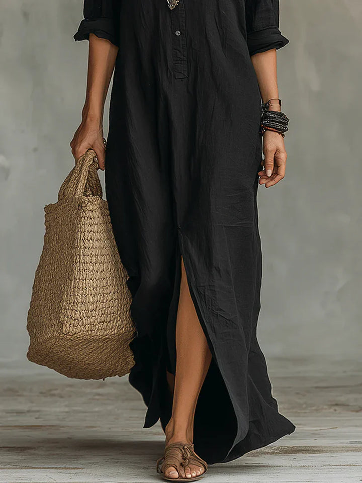 Selena™ | Black Flowy Maxi Dress with Buttons