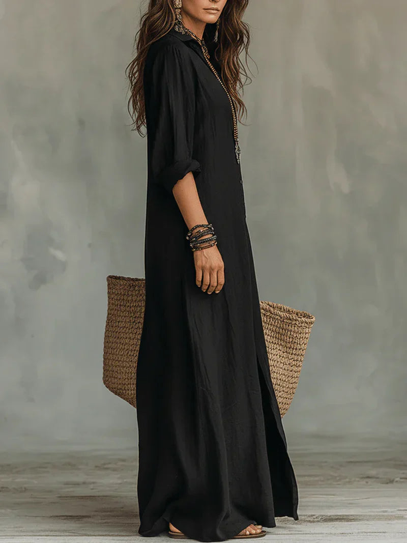 Selena™ | Black Flowy Maxi Dress with Buttons
