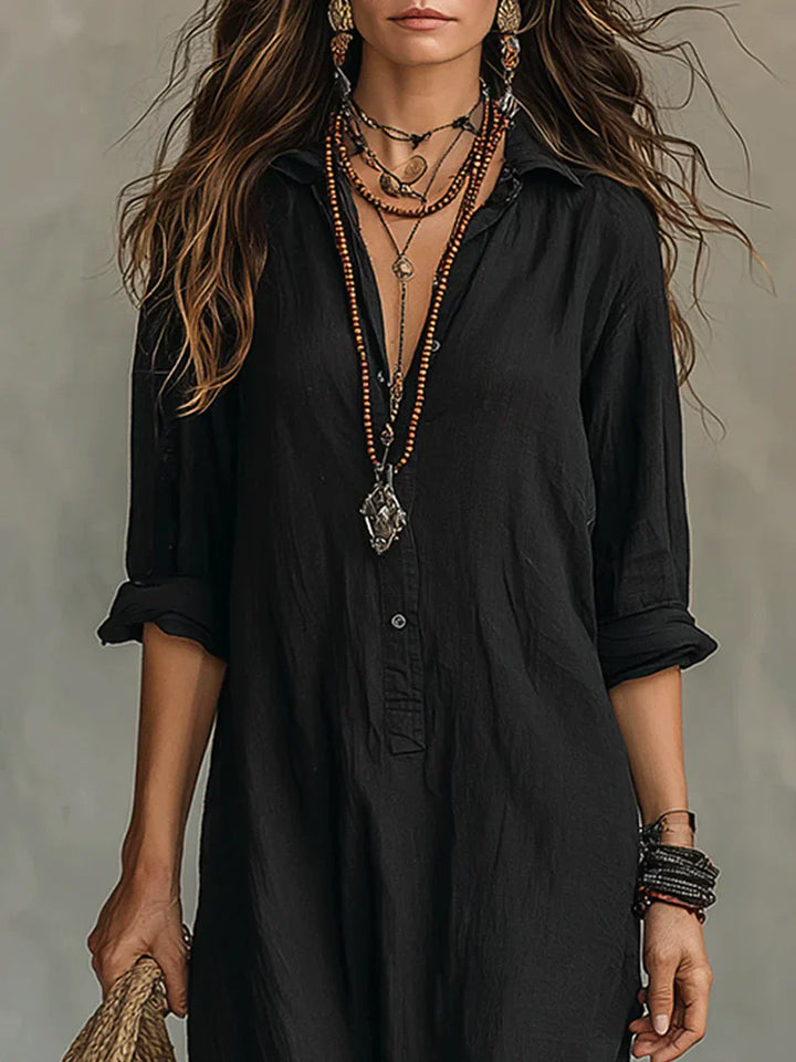 Selena™ | Black Flowy Maxi Dress with Buttons