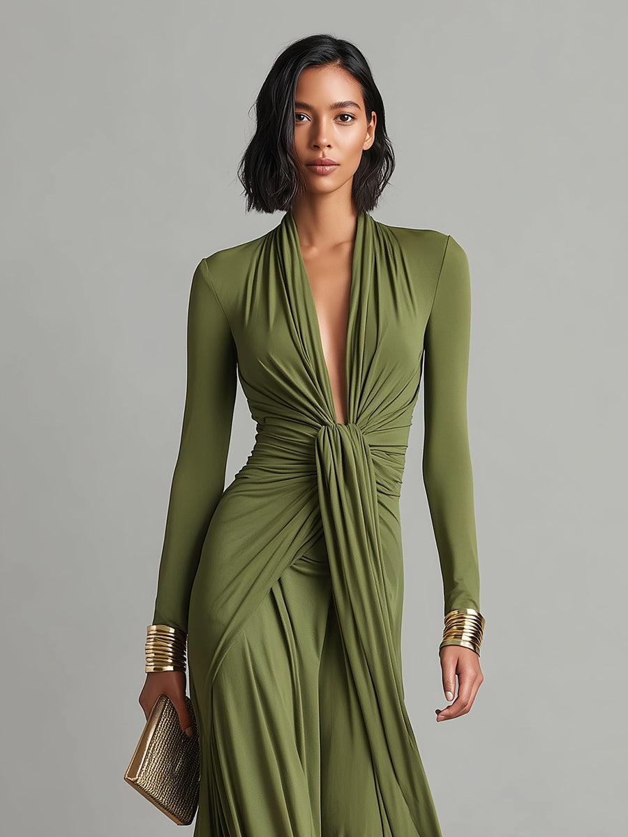 Sofia | Olive Silk Maxi Dress Deep V-Neck