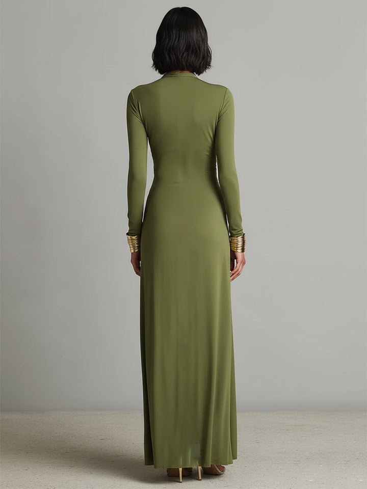 Sofia | Olive Silk Maxi Dress Deep V-Neck