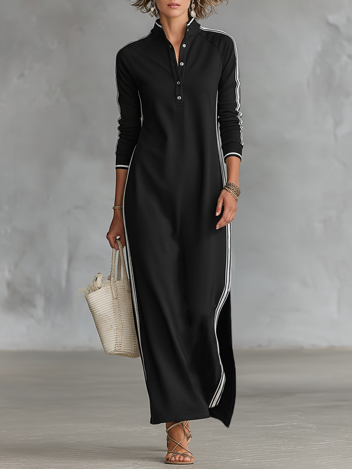 Laura | Sweat Maxi Dress Button Collar White Hem