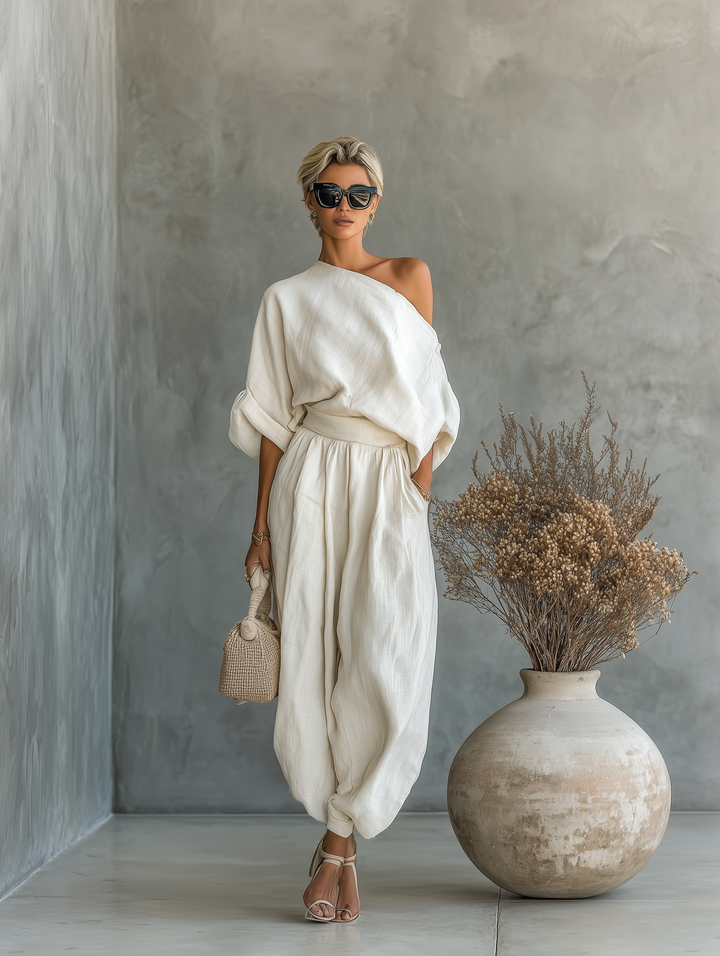 Ella | White Linen Off-Shoulder Set Pants