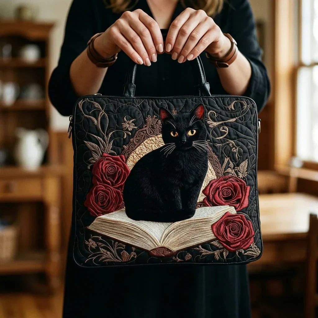 Quilted Tote- Black Cat on Books